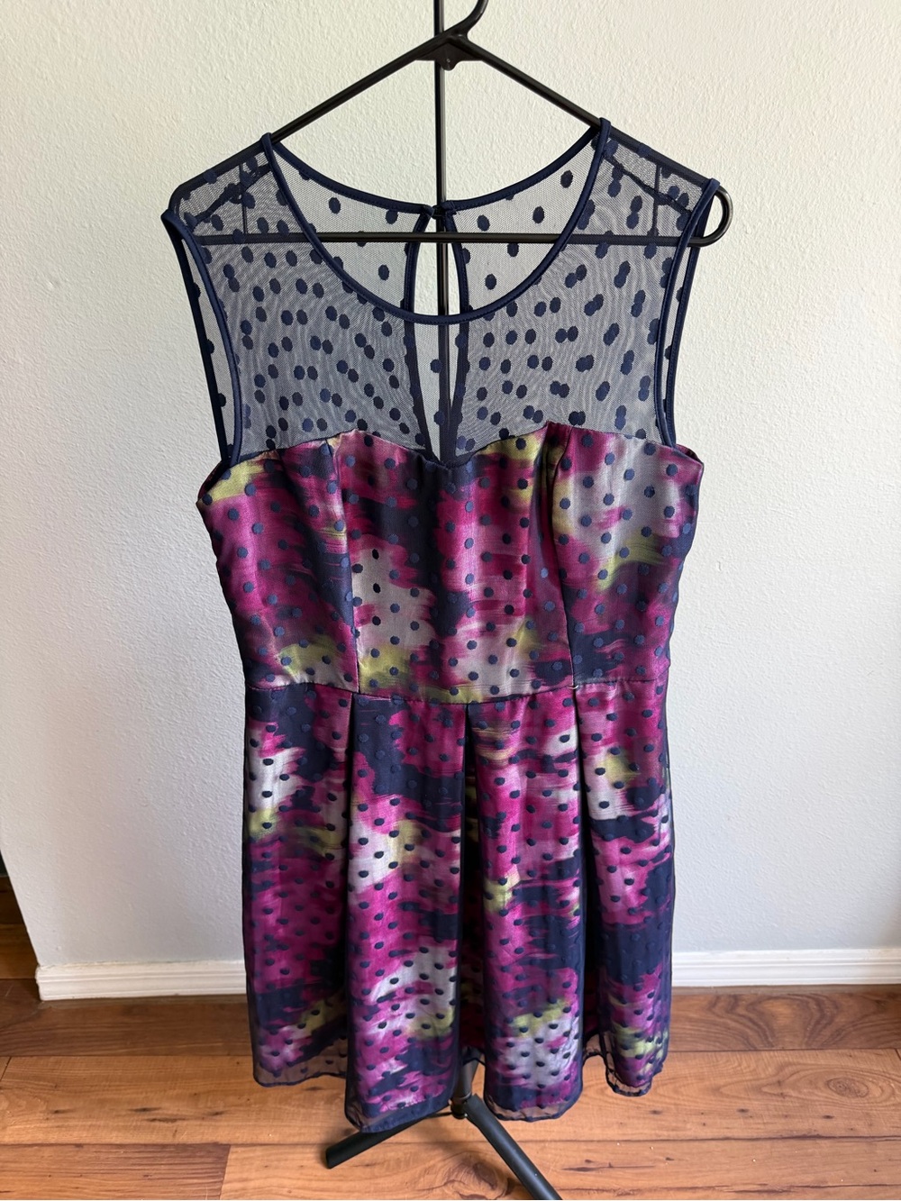 karin stevens Sleeveless Polka Dot Mesh Yoke Mini Dress in Magenta and Navy
